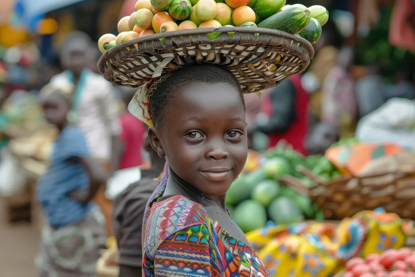 Ein afrikanisches Kind auf einem Marktplatz.
